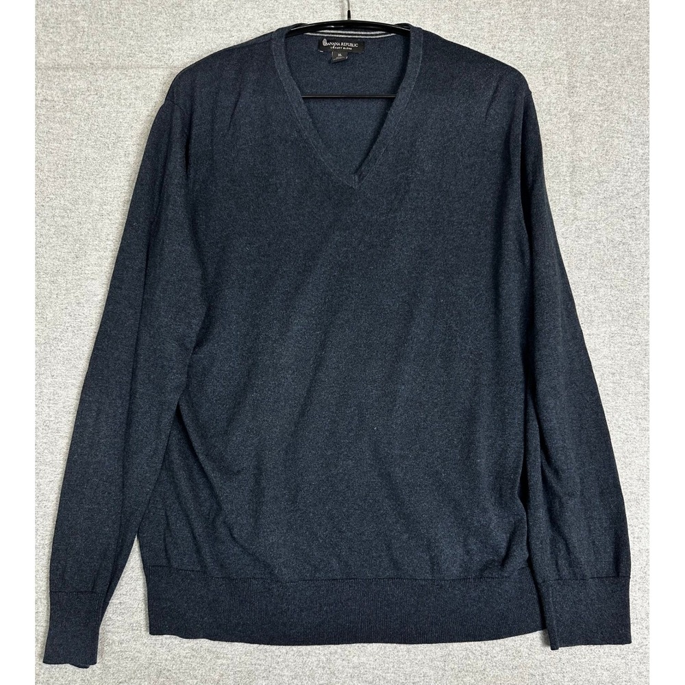 Banana Republic Sweater Mens XL Blue Gray Silk Cotton Cashmere V-Neck Knit